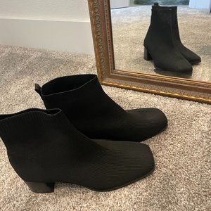 Women's Black Knitted Ankle Boots, Stretch Fabric Slip On Boots